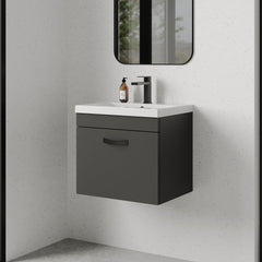 [BFRI073A17] Rio 1 Drawer Wall Hung Vanity Basin Unit - 500mm - Gloss Grey with Black D-shaped handle (Tap Not Included) - Balterley - Lifestyle 3