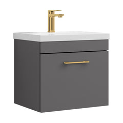 [BFRI073A68] Millwich 1 Drawer Wall Hung Vanity Basin Unit with Brushed Brass Handle, Choice of Size and Colour - Cutout