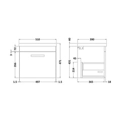 [BFRI073A68] Millwich 1 Drawer Wall Hung Vanity Basin Unit with Brushed Brass Handle, Choice of Size and Colour - Technical Drawing