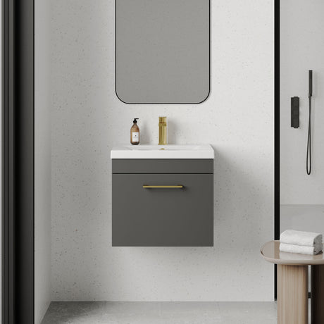 [BFRI073A68] Rio 1 Drawer Wall Hung Vanity Basin Unit - 500mm - Gloss Grey with Brushed Brass D-shaped handle (Tap Not Included) - Lifestyle 1