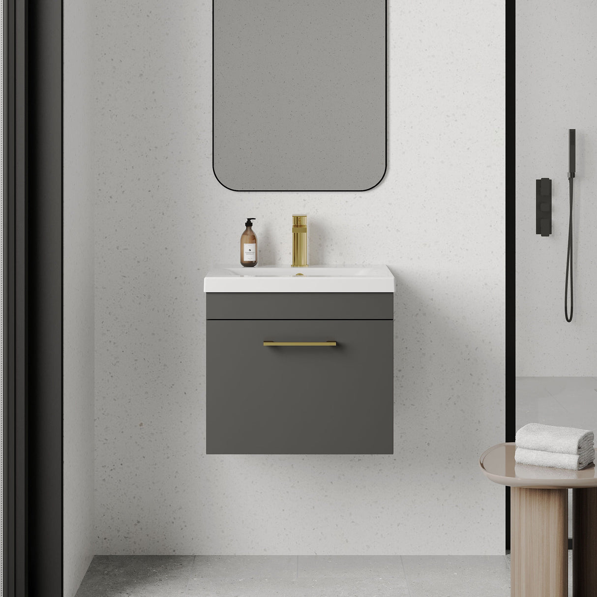 [BFRI073A68] Millwich 1 Drawer Wall Hung Vanity Basin Unit with Brushed Brass Handle, Choice of Size and Colour