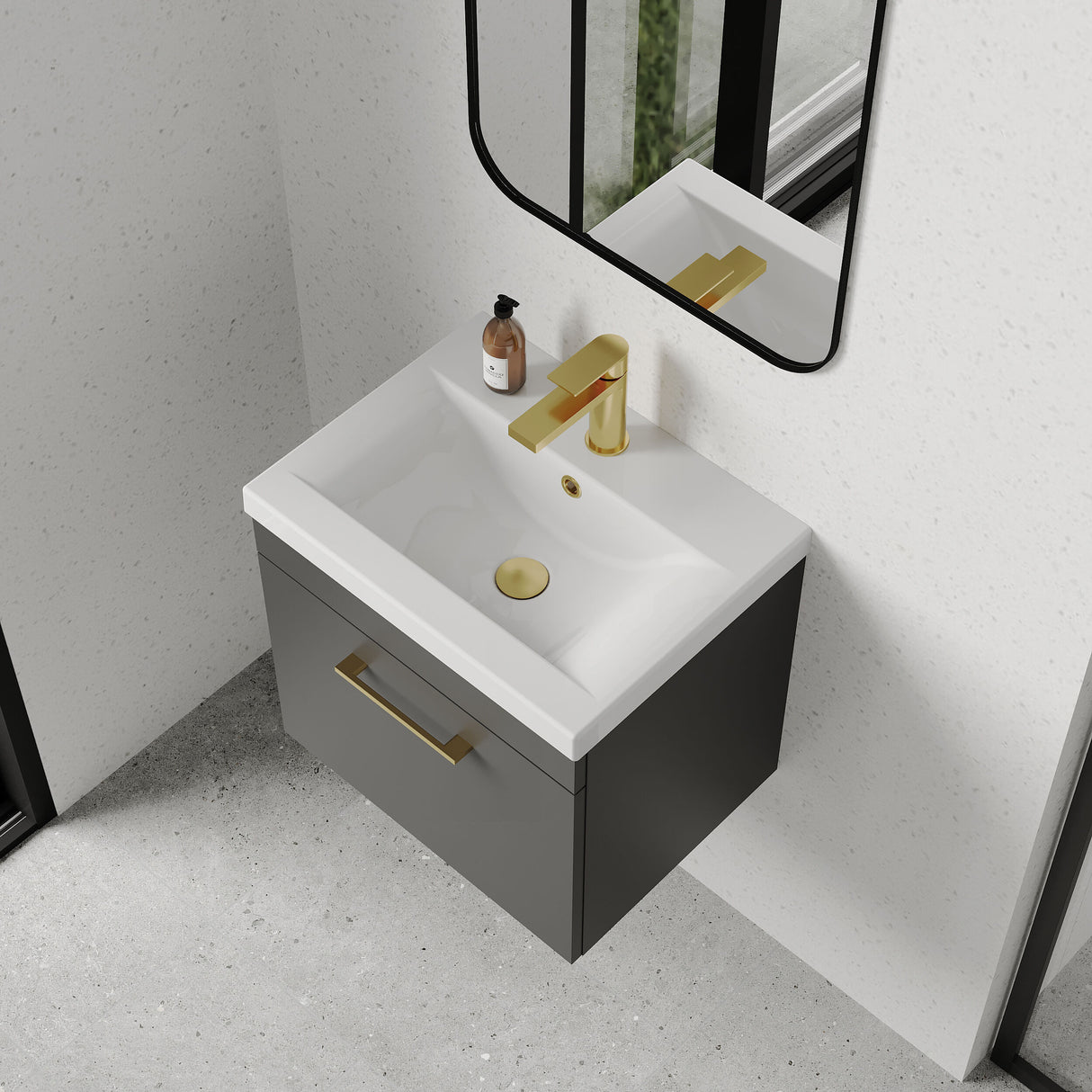 [BFRI073A68] Rio 1 Drawer Wall Hung Vanity Basin Unit - 500mm - Gloss Grey with Brushed Brass D-shaped handle (Tap Not Included) - Lifestyle 2