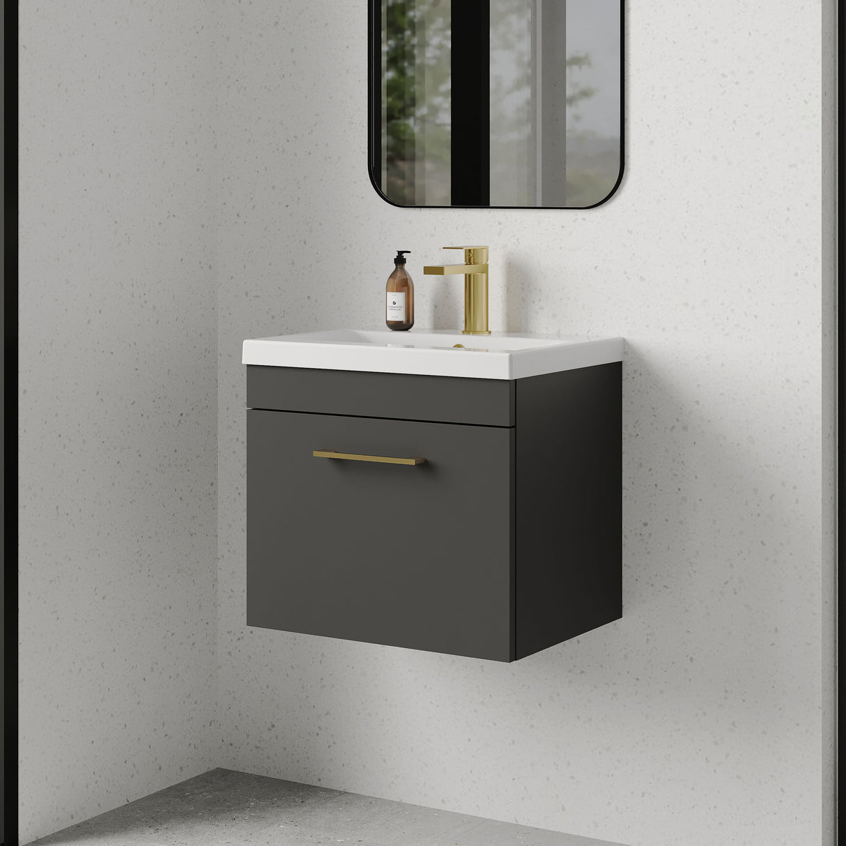 [BFRI073A68] Rio 1 Drawer Wall Hung Vanity Basin Unit - 500mm - Gloss Grey with Brushed Brass D-shaped handle (Tap Not Included) - Lifestyle 3