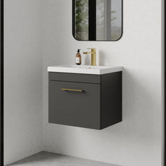 [BFRI073A68] Rio 1 Drawer Wall Hung Vanity Basin Unit - 500mm - Gloss Grey with Brushed Brass D-shaped handle (Tap Not Included) - Lifestyle 3