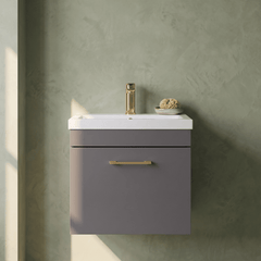 [BFRI073A68] Millwich 1 Drawer Wall Hung Vanity Basin Unit with Brushed Brass Handle, Choice of Size and Colour - Silo