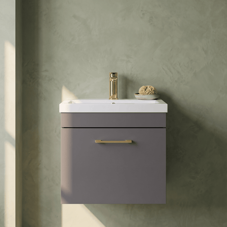 [BFRI073A68] Millwich 1 Drawer Wall Hung Vanity Basin Unit with Brushed Brass Handle, Choice of Size and Colour - Silo