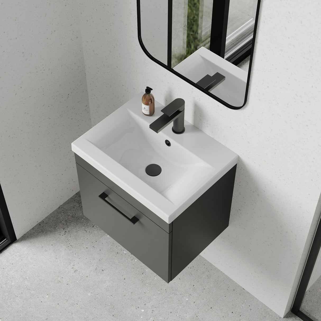 [BFRI073A69] Rio 1 Drawer Wall Hung Vanity Basin Unit - 500mm - Gloss Grey with Square Black D-shaped handle (Tap Not Included) - Balterley - Lifestyle 2