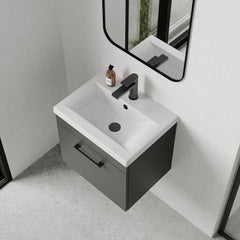[BFRI073A69] Rio 1 Drawer Wall Hung Vanity Basin Unit - 500mm - Gloss Grey with Square Black D-shaped handle (Tap Not Included) - Balterley - Lifestyle 2