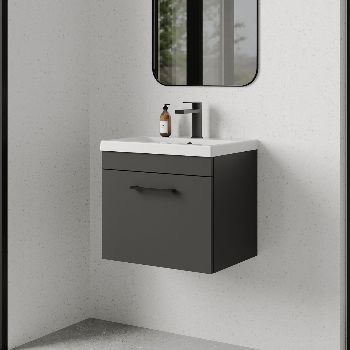 [BFRI073A69] Rio 1 Drawer Wall Hung Vanity Basin Unit - 500mm - Gloss Grey with Square Black D-shaped handle (Tap Not Included) - Balterley - Lifestyle 3