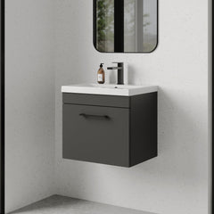 [BFRI073A69] Rio 1 Drawer Wall Hung Vanity Basin Unit - 500mm - Gloss Grey with Square Black D-shaped handle (Tap Not Included) - Balterley - Lifestyle 3