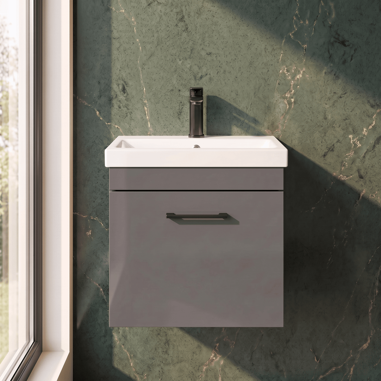 [BFRI073A69] Millwich 1 Drawer Wall Hung Vanity Basin Unit with Black Handle, Choice of Size and Colour - Silo