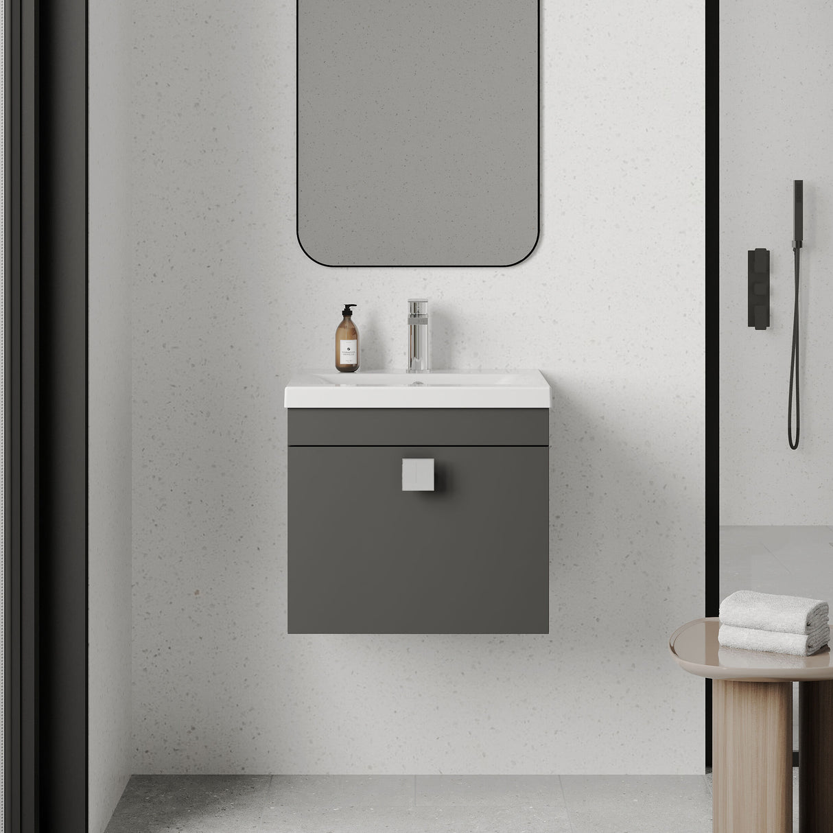 [BFRI073A7] Rio 1 Drawer Wall Hung Vanity Basin Unit - 500mm - Gloss Grey with Chrome Square Handle (Tap Not Included) - Lifestyle 1