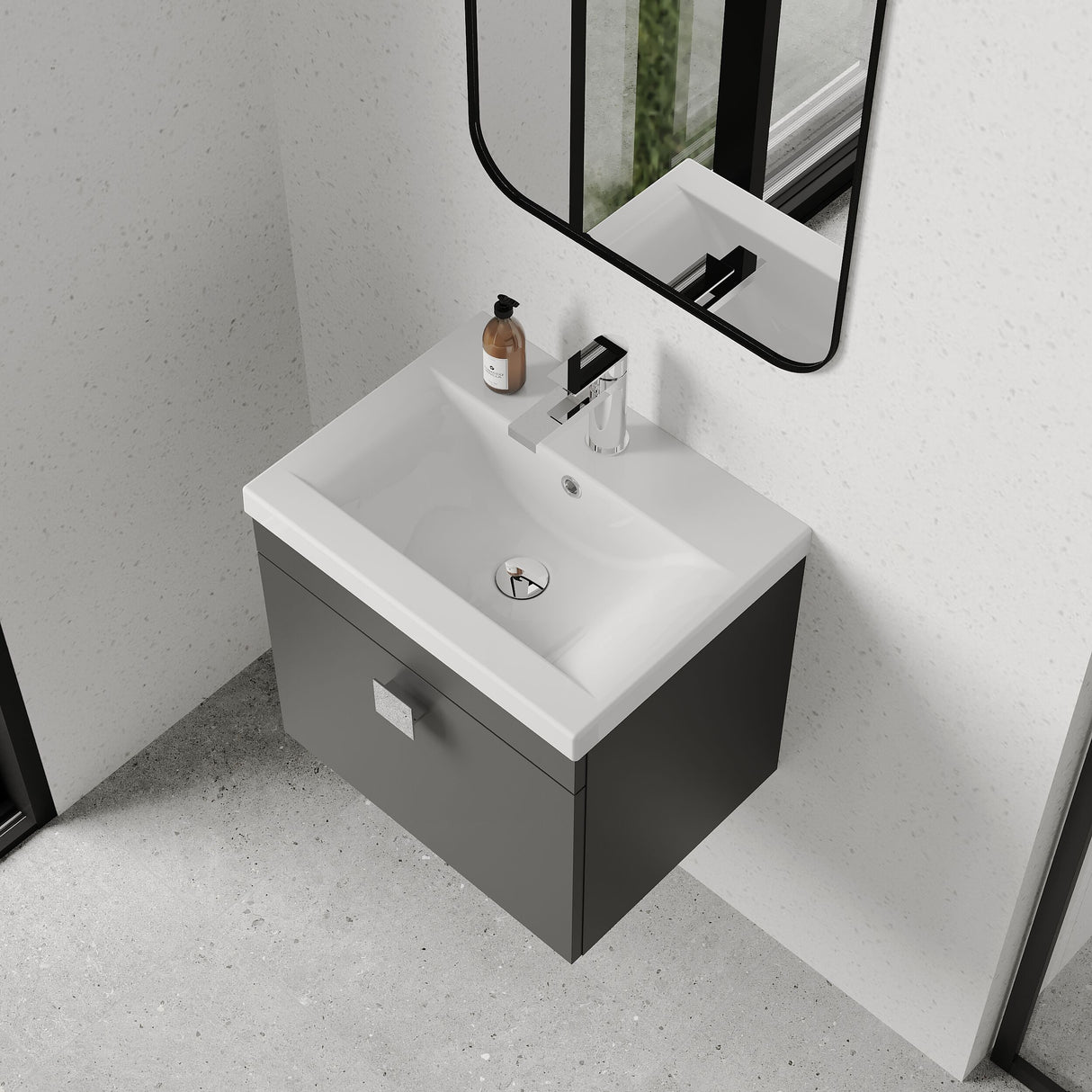 [BFRI073A7] Rio 1 Drawer Wall Hung Vanity Basin Unit - 500mm - Gloss Grey with Chrome Square Handle (Tap Not Included) - Lifestyle 2