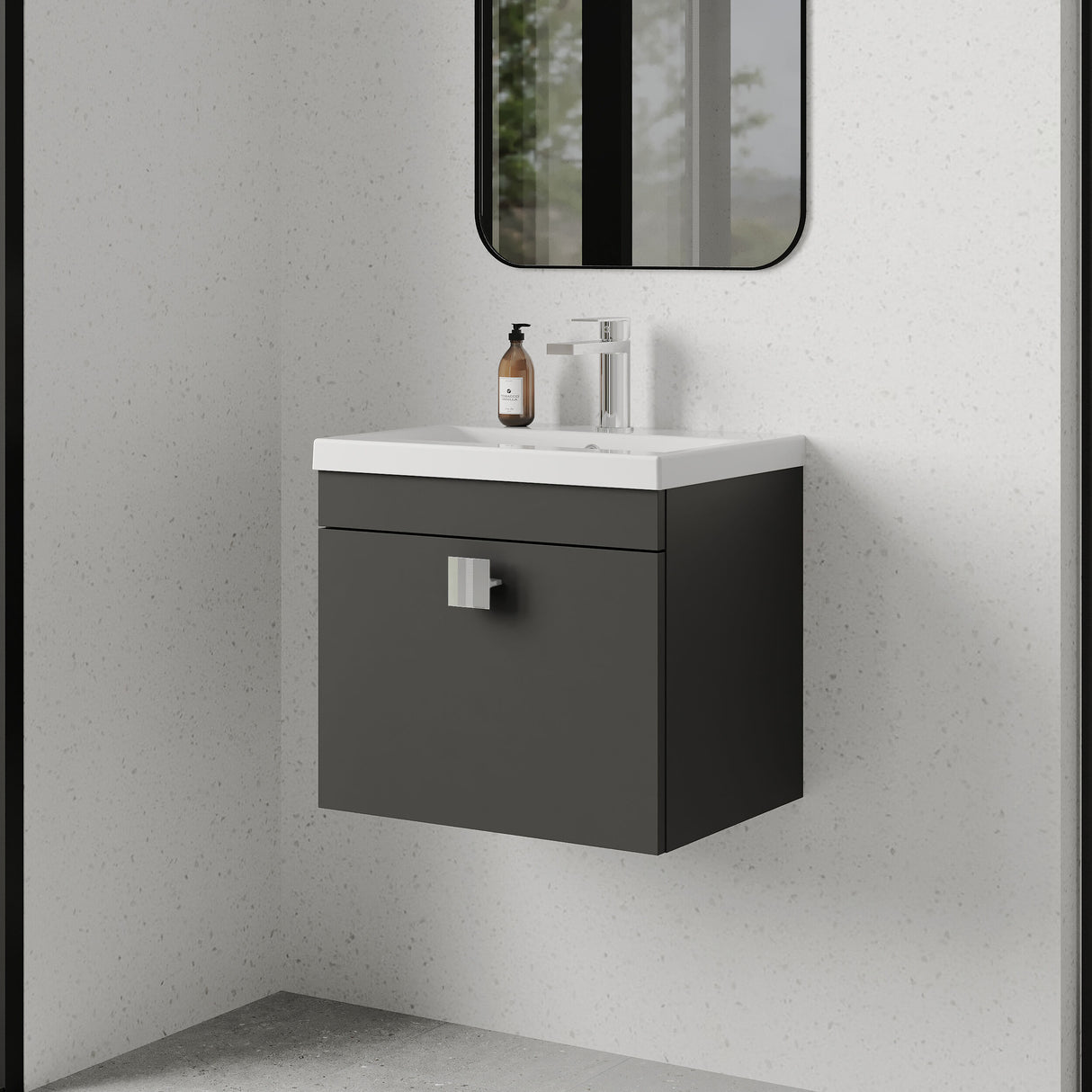[BFRI073A7] Rio 1 Drawer Wall Hung Vanity Basin Unit - 500mm - Gloss Grey with Chrome Square Handle (Tap Not Included) - Lifestyle 3