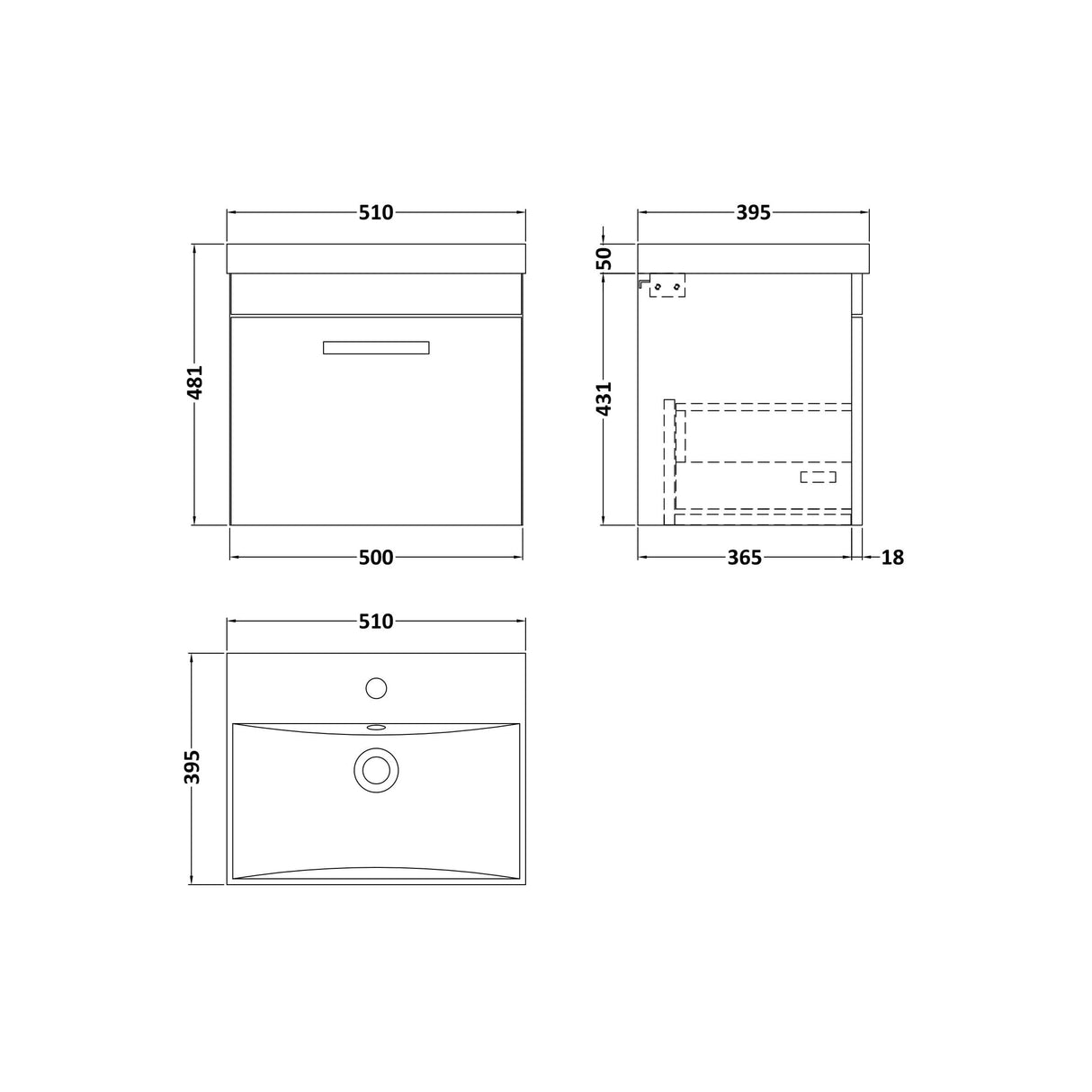 [BFRI073D] Millwich Contemporary 1 Drawer Wall Hung Vanity Unit with Thin Edge Basin - Choice of Size and Colour - Technical Drawing