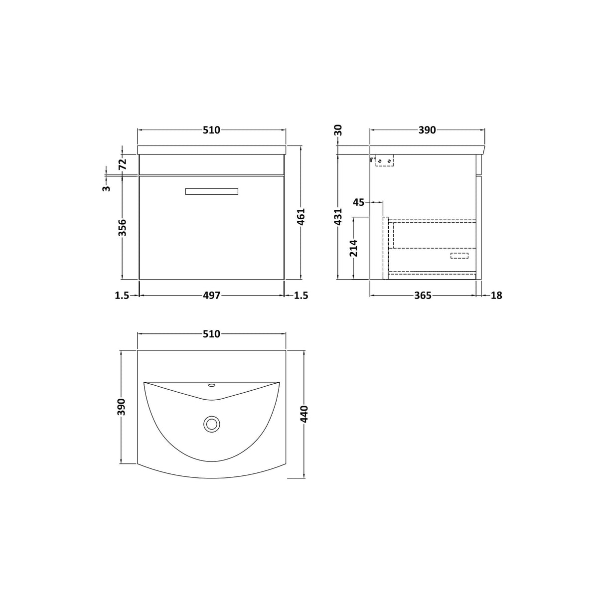 [BFRI073G] Millwich Contemporary 1 Drawer Wall Hung Vanity Unit with Curved Basin - Choice of Size and Colour - Technical Drawing