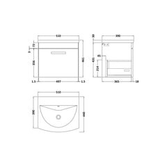 [BFRI073G] Millwich Contemporary 1 Drawer Wall Hung Vanity Unit with Curved Basin - Choice of Size and Colour - Technical Drawing