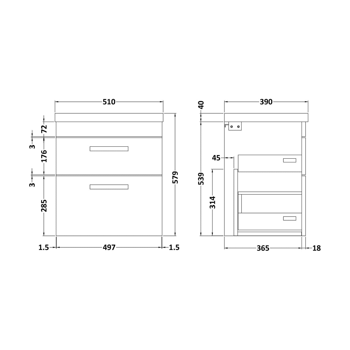 [BFRI074A17] Rio 2 Drawer Wall Hung Vanity Basin Unit - 500mm - Gloss Grey with Black D-shaped handles (Tap Not Included) - Balterley - Technical Drawing