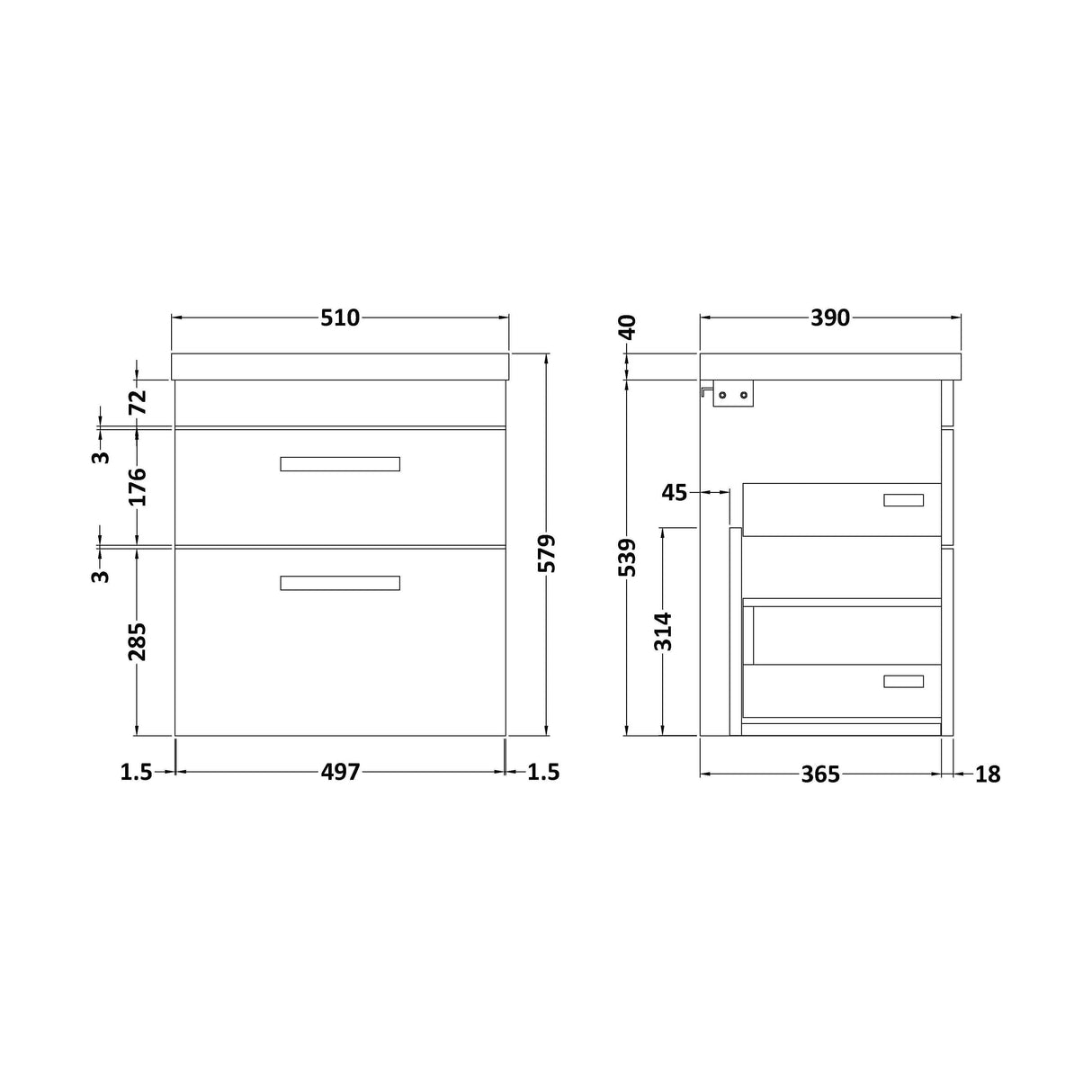 [BFRI074A68] Millwich 2 Drawer Wall Hung Vanity Basin Unit with Brushed Brass Handle, Choice of Size and Colour - Technical Drawing