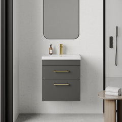 [BFRI074A68] Rio 2 Drawer Wall Hung Vanity Basin Unit - 500mm - Gloss Grey with Brushed Brass D-shaped handles (Tap Not Included) - Lifestyle 1