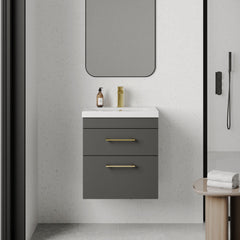 [BFRI074A68] Millwich 2 Drawer Wall Hung Vanity Basin Unit with Brushed Brass Handle, Choice of Size and Colour