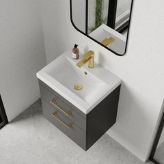 [BFRI074A68] Rio 2 Drawer Wall Hung Vanity Basin Unit - 500mm - Gloss Grey with Brushed Brass D-shaped handles (Tap Not Included) - Lifestyle 2