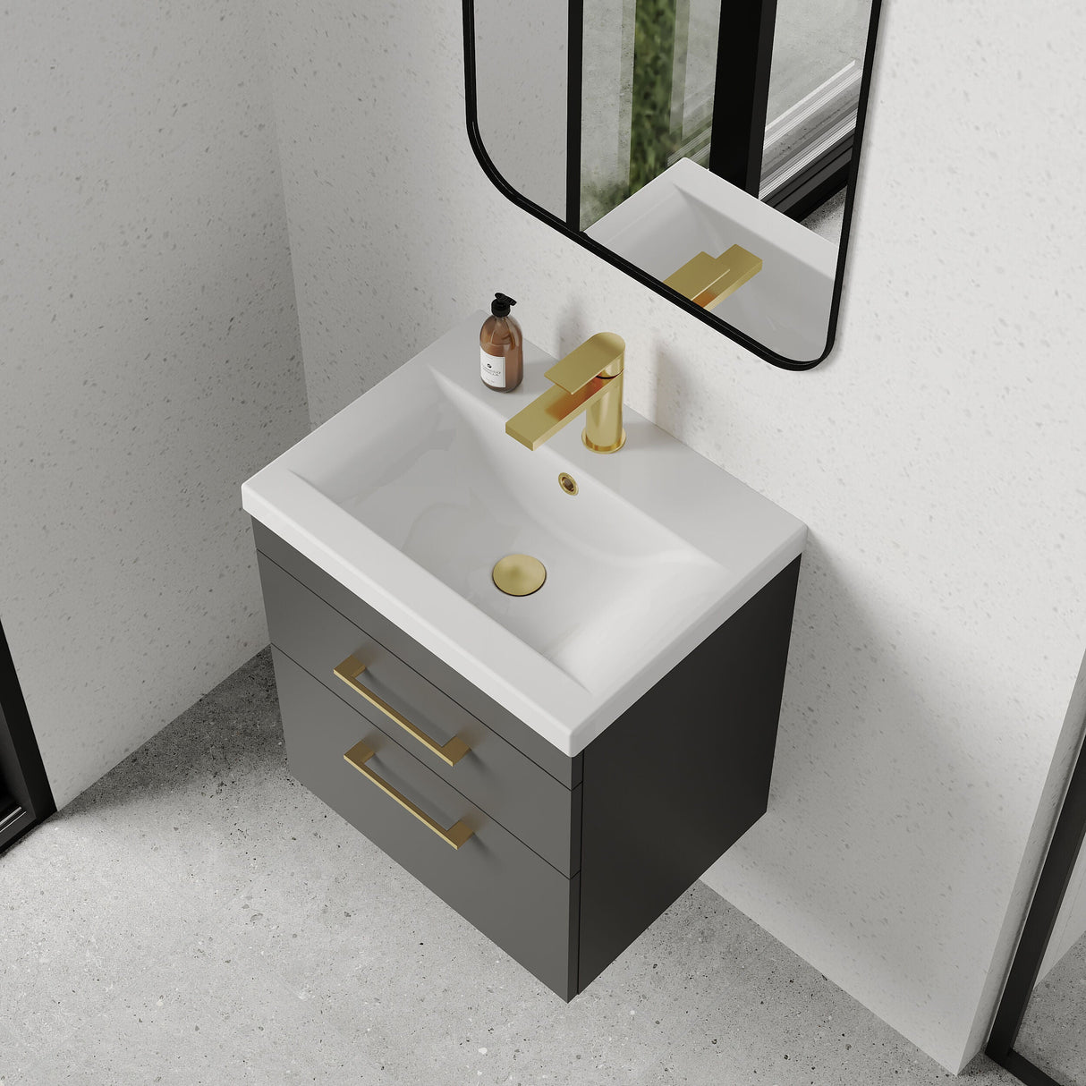 [BFRI074A68] Millwich 2 Drawer Wall Hung Vanity Basin Unit with Brushed Brass Handle, Choice of Size and Colour