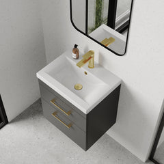 [BFRI074A68] Millwich 2 Drawer Wall Hung Vanity Basin Unit with Brushed Brass Handle, Choice of Size and Colour