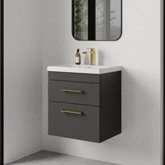 [BFRI074A68] Rio 2 Drawer Wall Hung Vanity Basin Unit - 500mm - Gloss Grey with Brushed Brass D-shaped handles (Tap Not Included) - Lifestyle 3