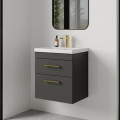 [BFRI074A68] Millwich 2 Drawer Wall Hung Vanity Basin Unit with Brushed Brass Handle, Choice of Size and Colour