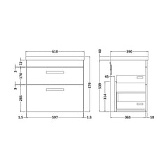 [BFRI074A69] Millwich 2 Drawer Wall Hung Vanity Basin Unit with Black Handle, Choice of Size and Colour - Technical Drawing