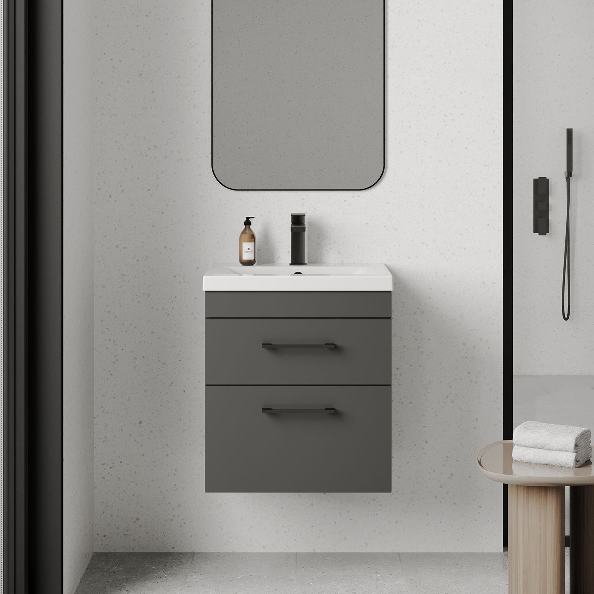 [BFRI074A69] Millwich 2 Drawer Wall Hung Vanity Basin Unit with Black Handle, Choice of Size and Colour - Lifestyle 1