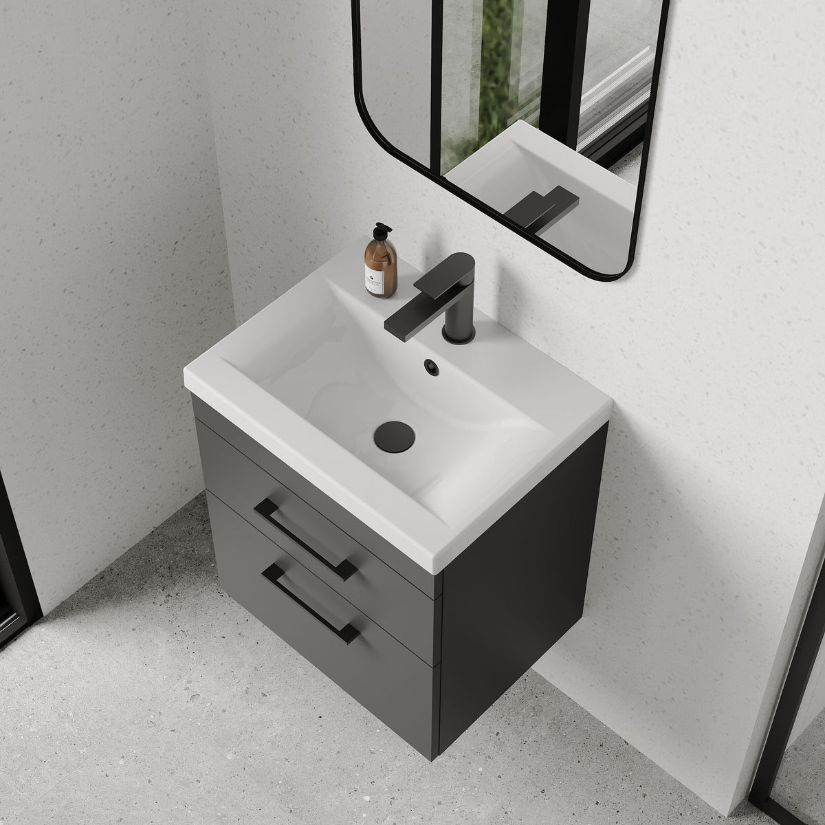 [BFRI074A69] Millwich 2 Drawer Wall Hung Vanity Basin Unit with Black Handle, Choice of Size and Colour - Lifestyle 2