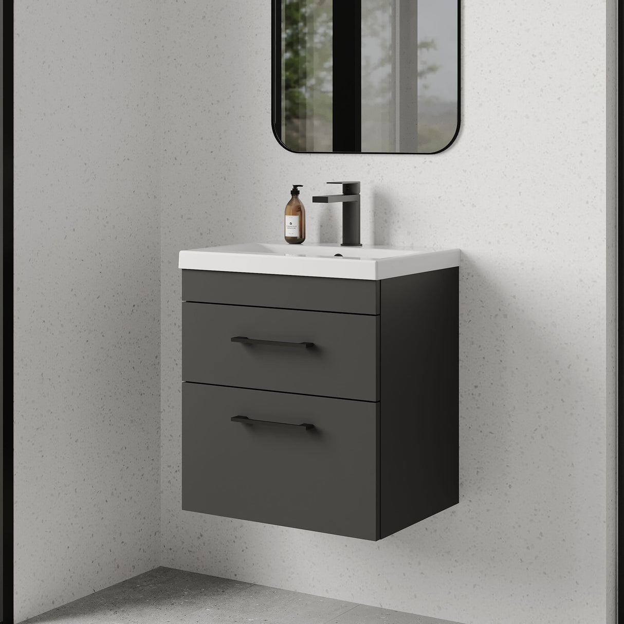 [BFRI074A69] Rio 2 Drawer Wall Hung Vanity Basin Unit - 500mm - Gloss Grey with Square Black D-shaped handles (Tap Not Included) - Balterley - Lifestyle 3