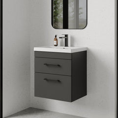 [BFRI074A69] Rio 2 Drawer Wall Hung Vanity Basin Unit - 500mm - Gloss Grey with Square Black D-shaped handles (Tap Not Included) - Balterley - Lifestyle 3