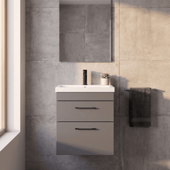 [BFRI074A69] Rio 2 Drawer Wall Hung Vanity Basin Unit - 500mm - Gloss Grey with Square Black D-shaped handles (Tap Not Included) - Balterley - Silo