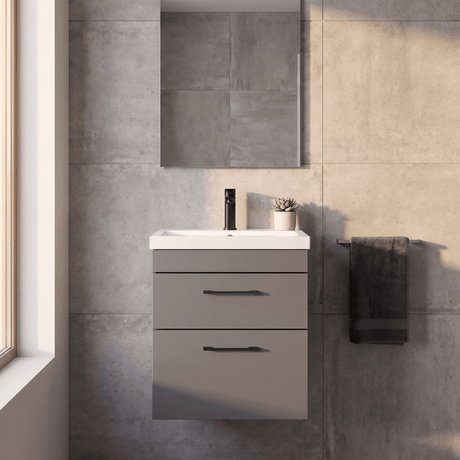 [BFRI074A69] Rio 2 Drawer Wall Hung Vanity Basin Unit - 500mm - Gloss Grey with Square Black D-shaped handles (Tap Not Included) - Balterley - Silo