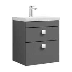 [BFRI074A7] Rio 2 Drawer Wall Hung Vanity Basin Unit - 500mm - Gloss Grey with Chrome Square Handles (Tap Not Included) - Cutout