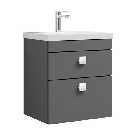 [BFRI074A7] Rio 2 Drawer Wall Hung Vanity Basin Unit - 500mm - Gloss Grey with Chrome Square Handles (Tap Not Included) - Cutout