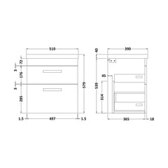 [BFRI074A7] Rio 2 Drawer Wall Hung Vanity Basin Unit - 500mm - Gloss Grey with Chrome Square Handles (Tap Not Included) - Technical Drawing