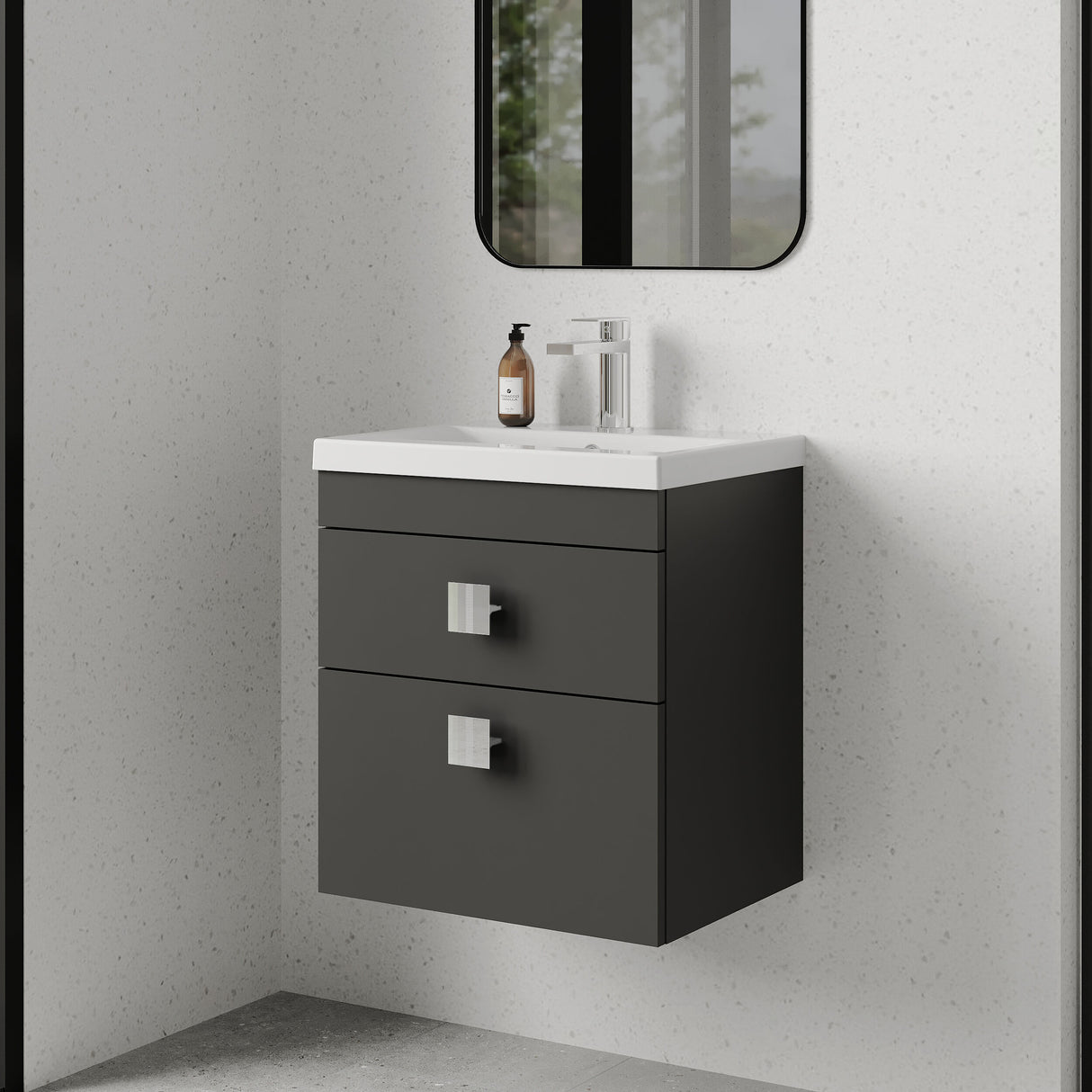 [BFRI074A7] Rio 2 Drawer Wall Hung Vanity Basin Unit - 500mm - Gloss Grey with Chrome Square Handles (Tap Not Included) - Lifestyle 3