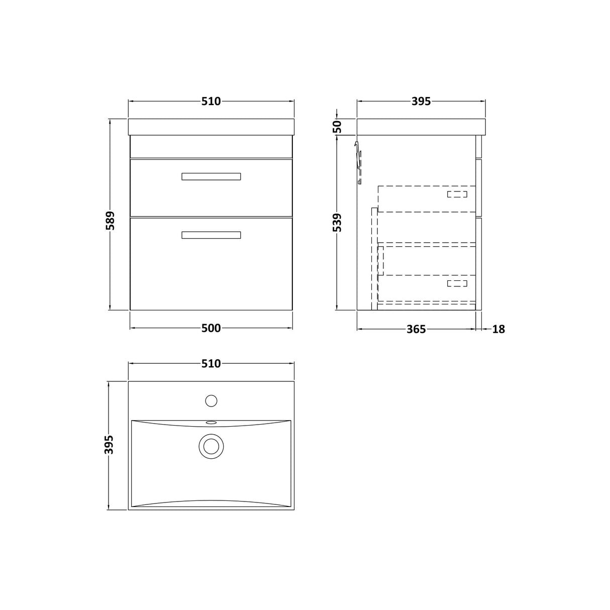 [BFRI074D] Millwich Contemporary 2 Drawer Wall Hung Vanity Unit with Thin Edge Basin - Choice of Size and Colour - Technical Drawing