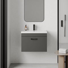[BFRI077A17] Rio 1 Drawer Wall Hung Vanity Basin Unit - 600mm - Gloss Grey with Black D-shaped handle (Tap Not Included) - Balterley - Lifestyle 1