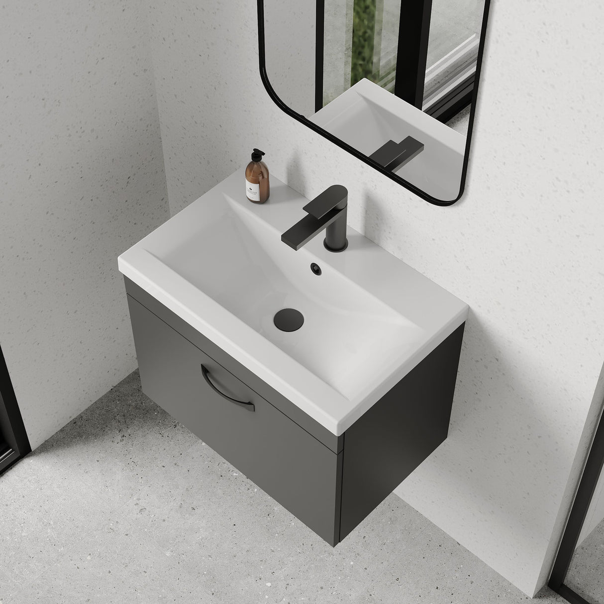[BFRI077A17] Rio 1 Drawer Wall Hung Vanity Basin Unit - 600mm - Gloss Grey with Black D-shaped handle (Tap Not Included) - Balterley - Lifestyle 2