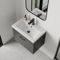 [BFRI077A17] Rio 1 Drawer Wall Hung Vanity Basin Unit - 600mm - Gloss Grey with Black D-shaped handle (Tap Not Included) - Balterley - Lifestyle 2