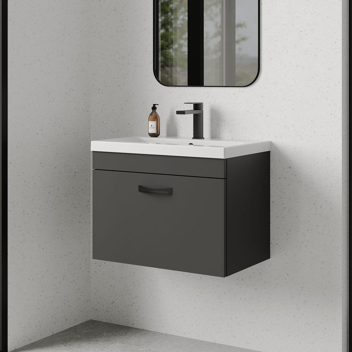 [BFRI077A17] Rio 1 Drawer Wall Hung Vanity Basin Unit - 600mm - Gloss Grey with Black D-shaped handle (Tap Not Included) - Balterley - Lifestyle 3