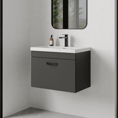 [BFRI077A17] Rio 1 Drawer Wall Hung Vanity Basin Unit - 600mm - Gloss Grey with Black D-shaped handle (Tap Not Included) - Balterley - Lifestyle 3