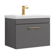[BFRI077A68] Rio 1 Drawer Wall Hung Vanity Basin Unit - 600mm - Gloss Grey with Brushed Brass D-shaped handle (Tap Not Included) - Cutout