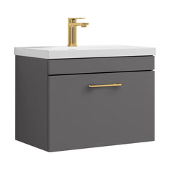 [BFRI077A68] Millwich 1 Drawer Wall Hung Vanity Basin Unit with Brushed Brass Handle, Choice of Size and Colour - Cutout