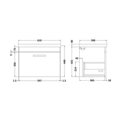 [BFRI077A68] Rio 1 Drawer Wall Hung Vanity Basin Unit - 600mm - Gloss Grey with Brushed Brass D-shaped handle (Tap Not Included) - Technical Drawing